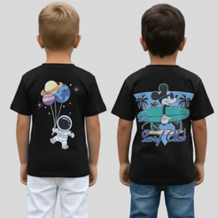 Camiseta Infantil Menino Estampa Frente e Costas Mickey ou Astronauta