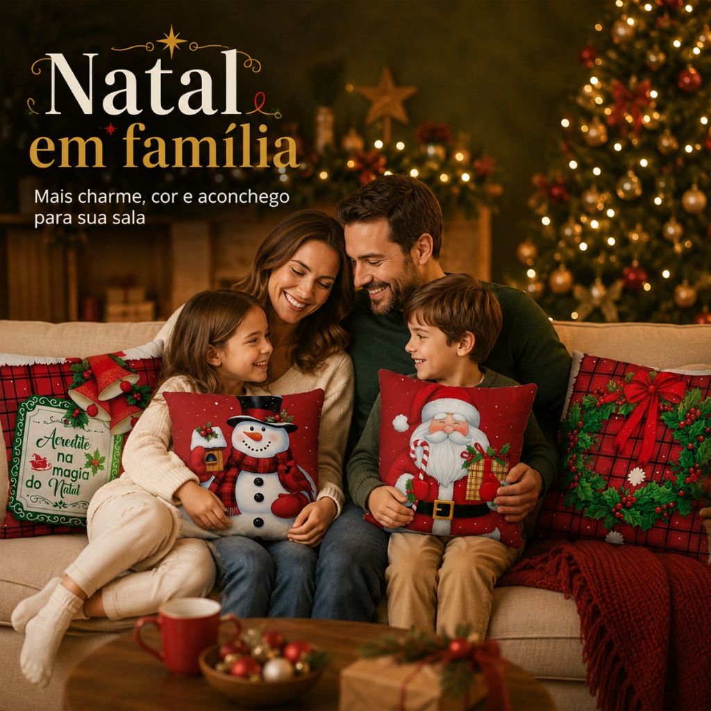 Kit 4 Almofadas Decorativas de Natal Capa E Refil 45x45cm Feliz Natal Sala Quarto e Decoração Casa Luxo Papai Noel