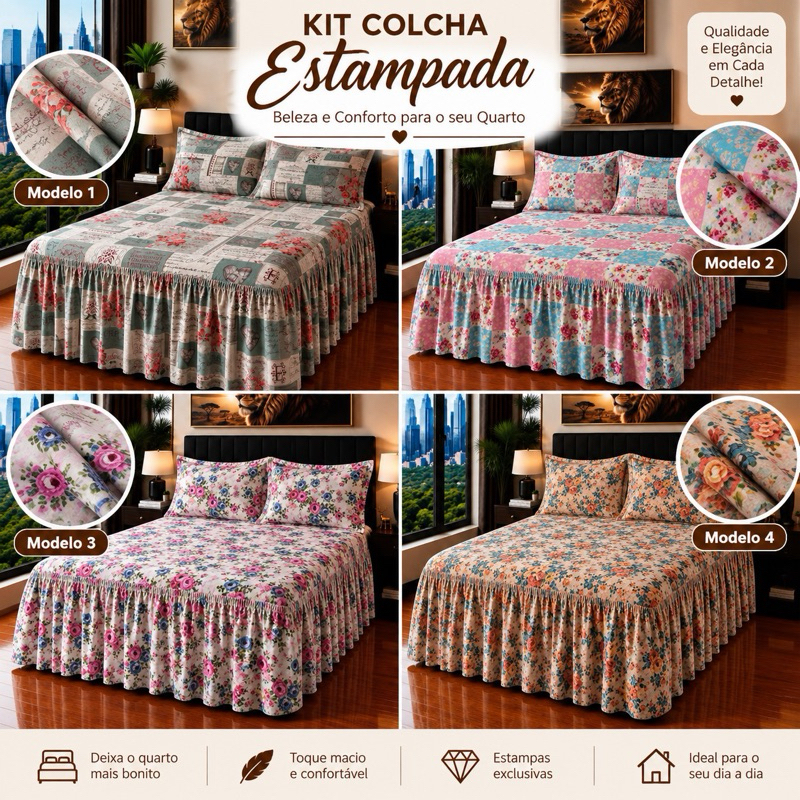 Kit Colcha Super King 3,00 x 3,00 Com Babado 03 Peças Toque de Algodão aveludado Luxo - 100% Algodão | Oferta