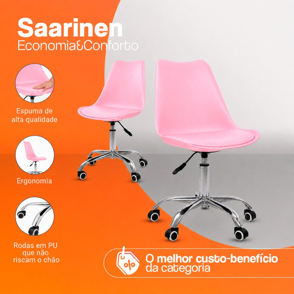 Cadeira Office Saarinen Giratória com Base Cromada e Rodízio - Ajuste de Altura para Escritório e Home Office Rosa · foto 2