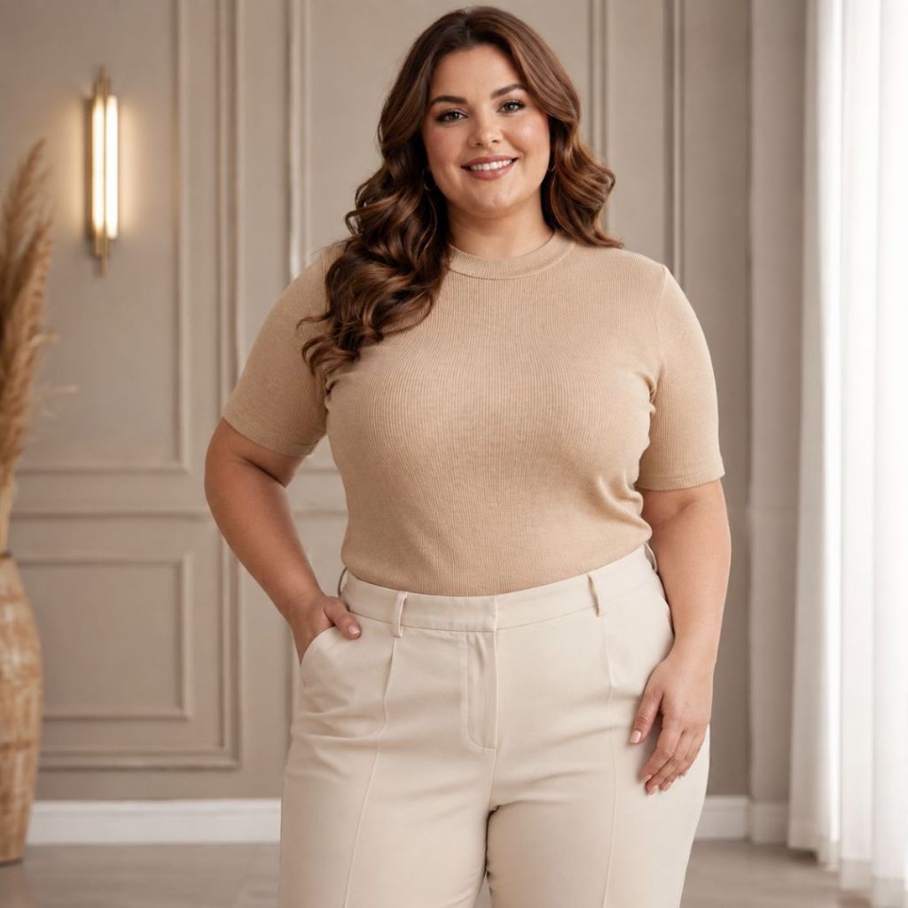 Blusinha Feminina Plus Size Canelada Algodão Com Elastano Básica Gola Redonda