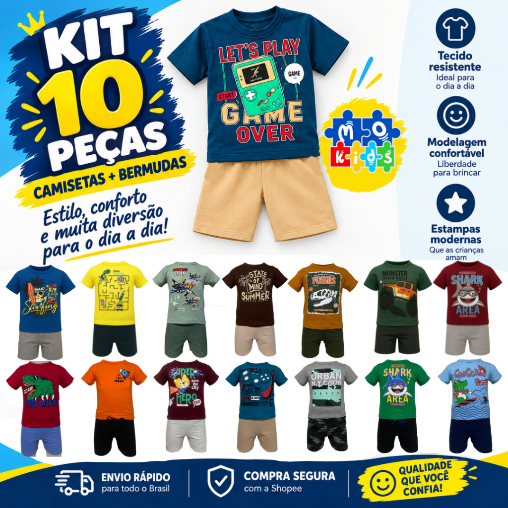 Kit 10 Peças Infantil Menino com Bermuda e Camiseta Dia a Algodão