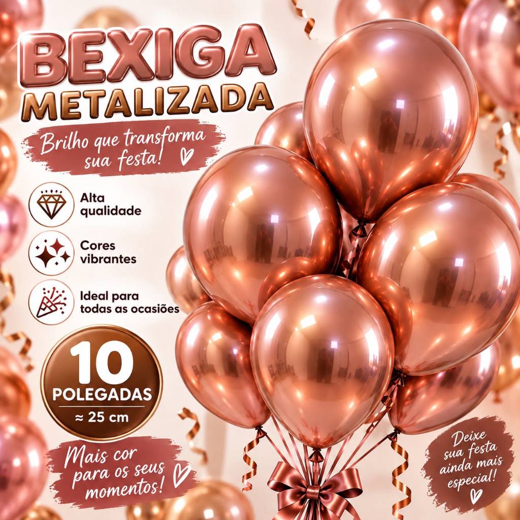 Kit 10 25 50 Bexigas Metalizadas Látex Cromada 10 Polegadas Balão Gás Hélio Aniversário Decoração Festa
