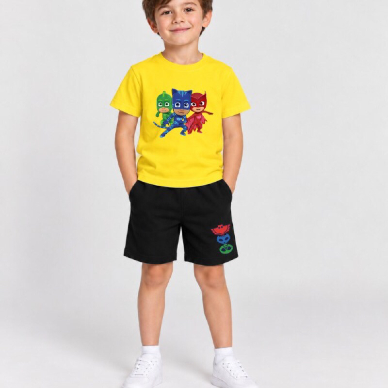 Conjunto Infantil Camiseta e Bermuda 100% Algodão Estampa PJ Mask Estilo Épico Conforto