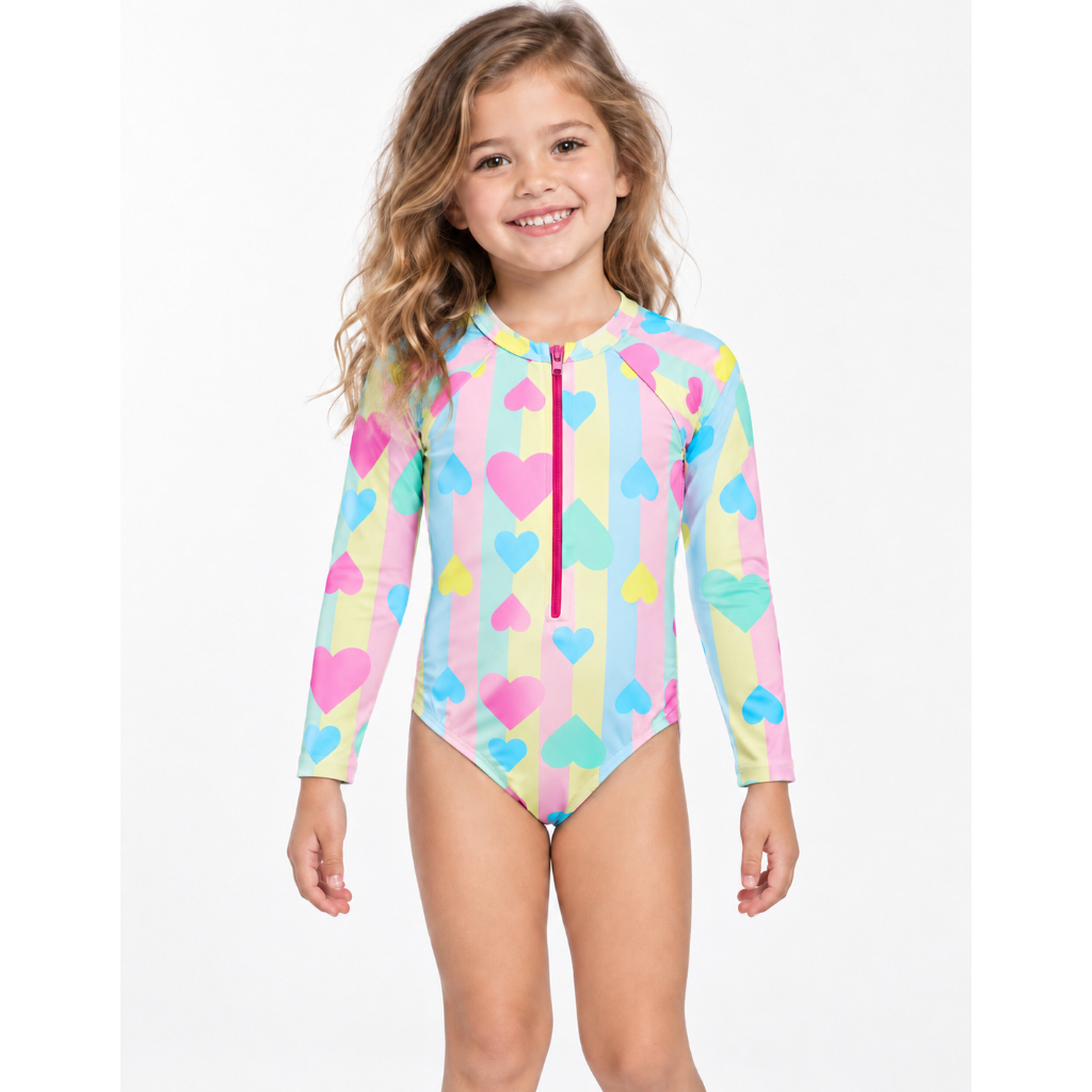 Maiô Feminino Infantil Estampado Com Zíper Frontal Infanto Juvenil Moda Praia Verão Proteção UV