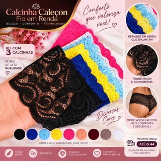 Calcinha Caleçon Kit 3 Peças de Renda Fio Duplo Tamanho Único até G 44