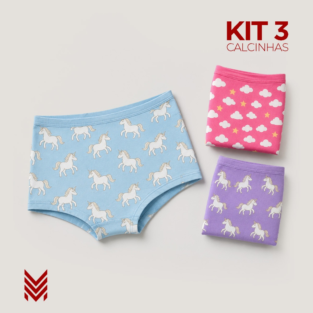 Kit 3 Calcinhas Infantil Feminina Menina Shortinho Boxer Algodão Macia Confortável