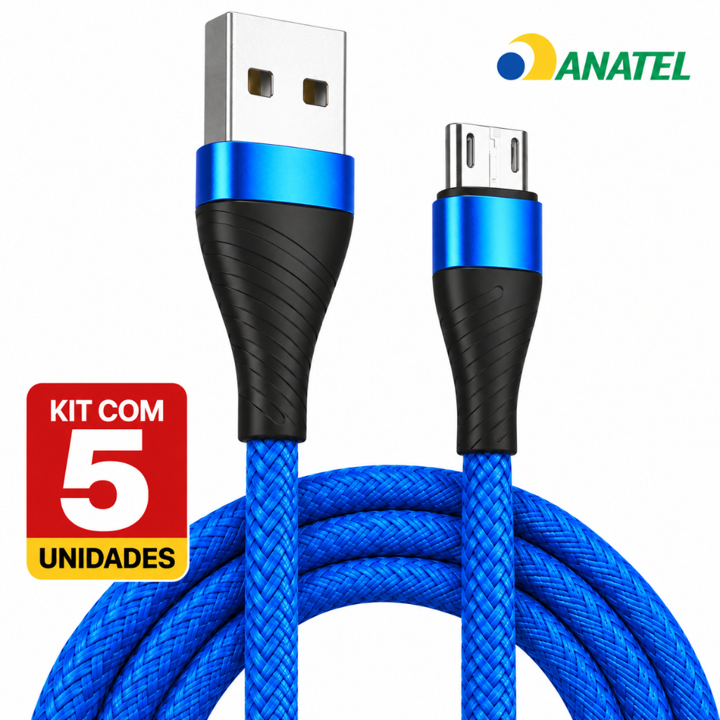 Kit 5 Cabos Carregador V8 2 Metros Android Reforçado Micro Usb