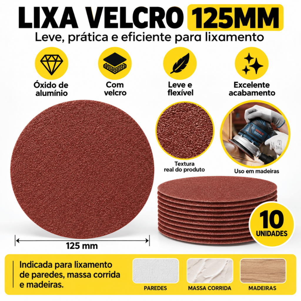 10 Discos Lixa Velcro 125mm 5" (G40 até G600) - Soldaforte