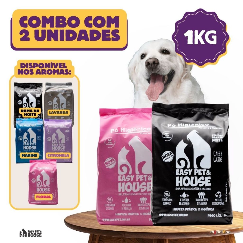 Kit Duplo Pó Higiênico 1kg Antiodor Seca Xixi Cães e Gatos EasyPet Limpeza Fácil com Ação Bactericida Aroma Diverso