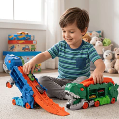 Caminhão Dinossauro T-Rex 2 em 1 Cegonha Pista Lançador de Carrinhos Transportador Brinquedo Infantil com Mini Carrinhos