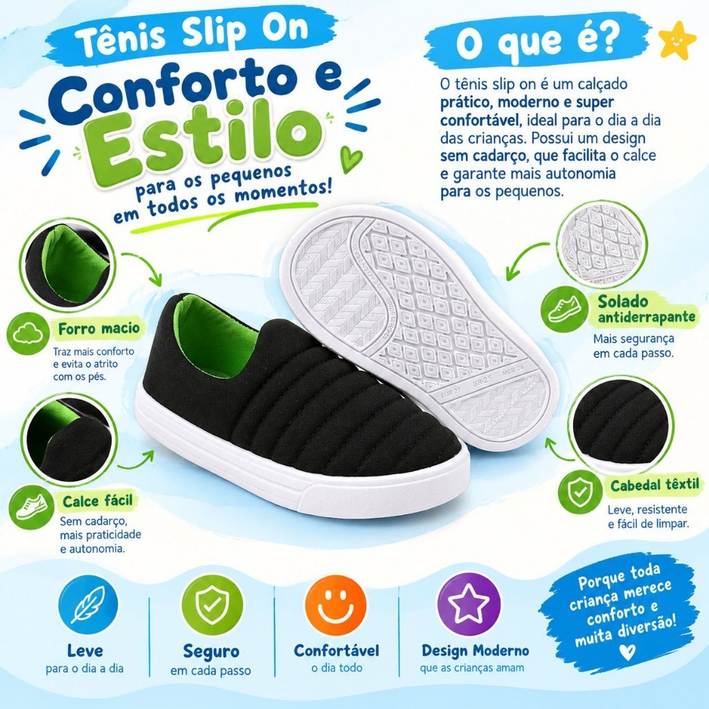 Tênis Masculino Calce Fácil Infantil Menino Infantil Leve e Confortável