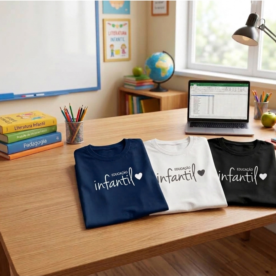 Kit 3 Camisetas Femininas Frase "Educação Infantil", 100% Algodão, Confortável, Estampa DTF