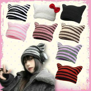 Touca Cat Beanie Orelha de Gato Crochê Feito à Mão Gorro Alternativo Harajuku Y2K Kpop Coquette Grunge Emo Cosplay