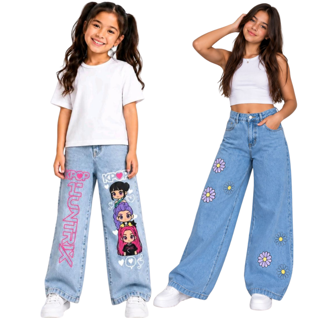 Kit 2 Calças Pantalona Wide Leg Jeans Escuro Blogueira infantil