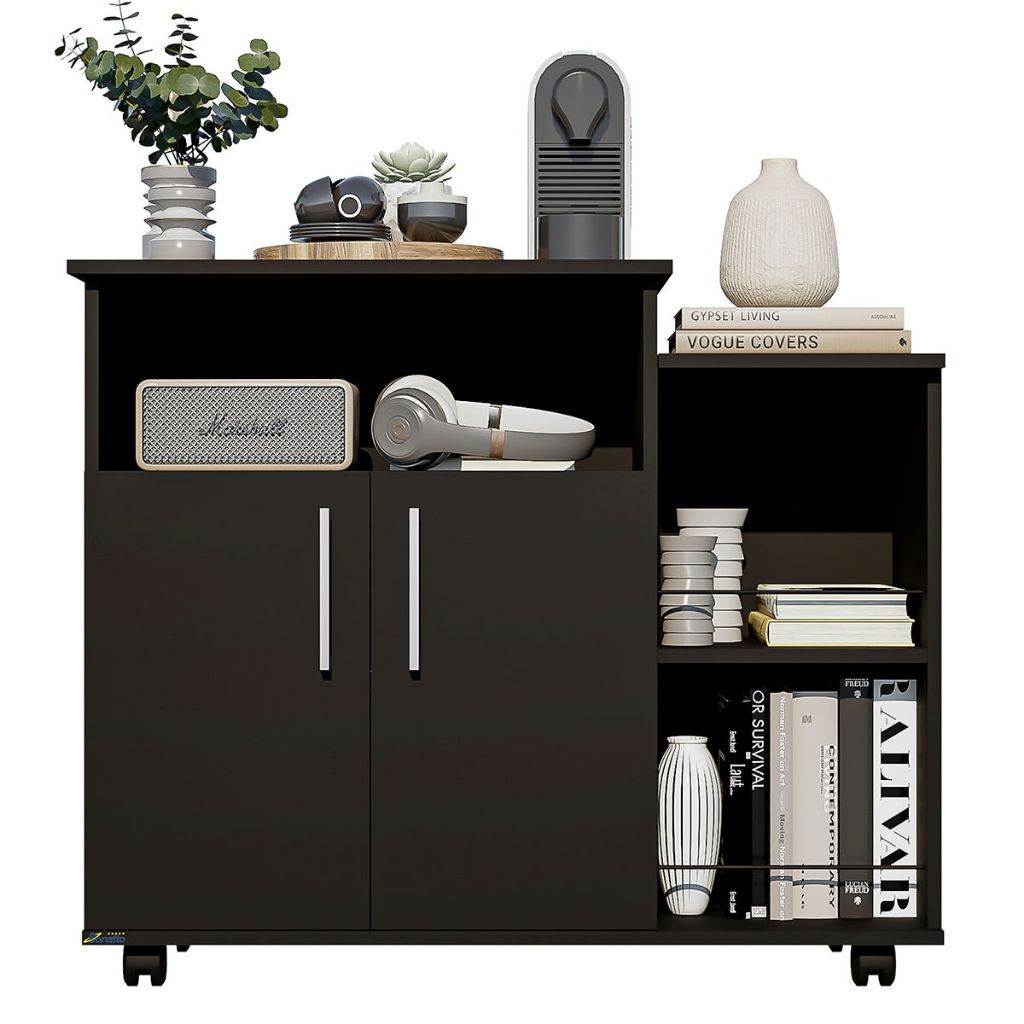 Balcão Organizador Cozinha Luxo com Fruteira e Suporte Microondas Moderno Preto Compacto
