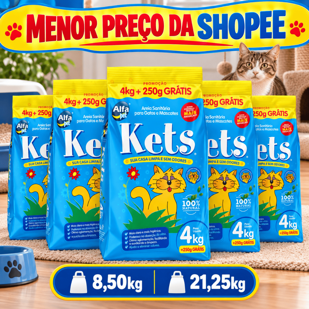 Areia para Gato 8 a 20kg Kets Higiênica Sanitária Elimina Odores