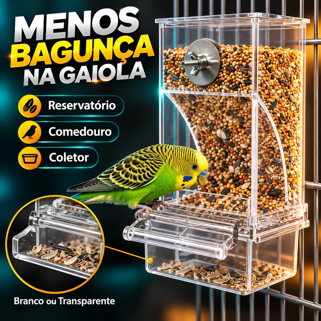 Comedouro Automático para Aves em Acrílico Transparente Anti-Sujeira para Gaiola