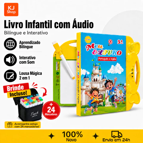 Livro Educativo Bilíngue Interativo Com Som e Lousa Mágica 2 em 1 Brinquedo Infantil