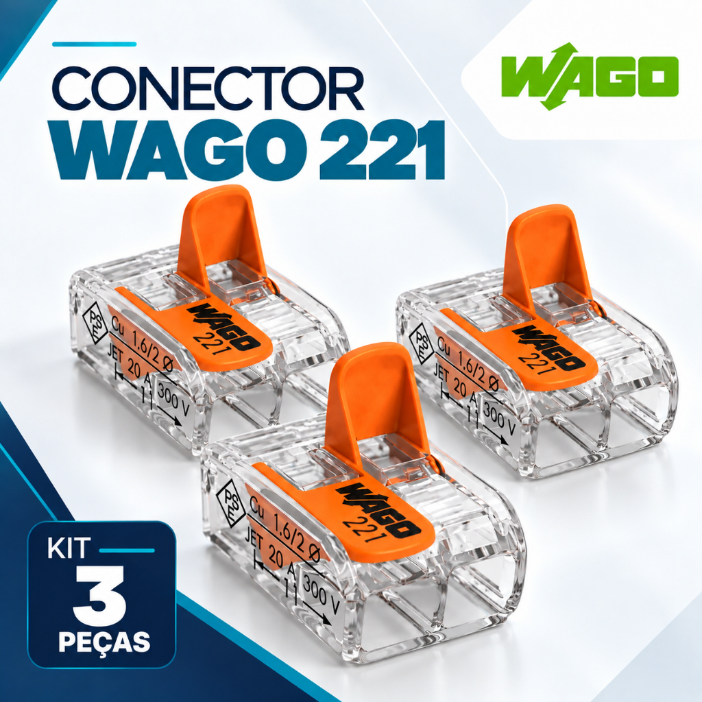 Kit 3x Conector WAGO Emenda Para Chuveiro 2 vias 6mm 41A/450V - 221-612