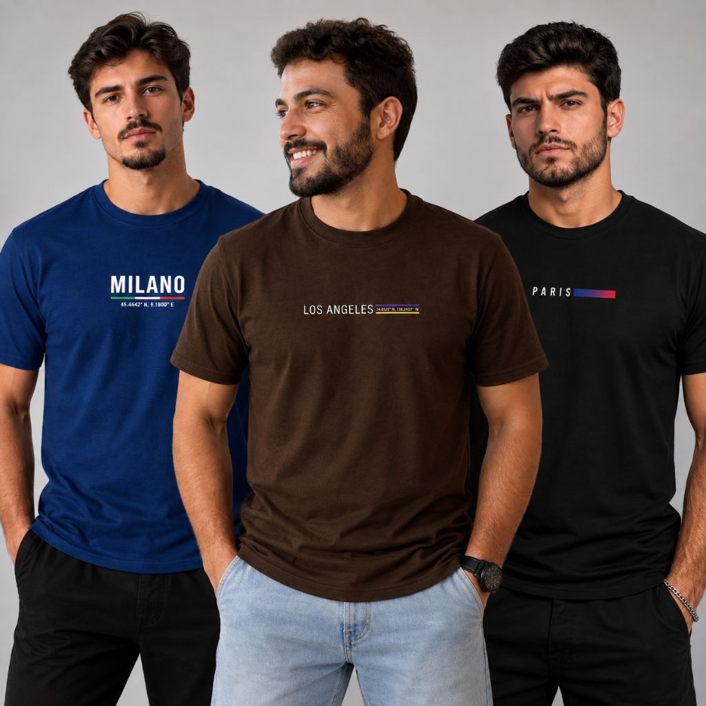 Kit 3 Camisetas Masculinas Estampadas Premium Algodão Milano Paris Los Angeles Casual Steetwear