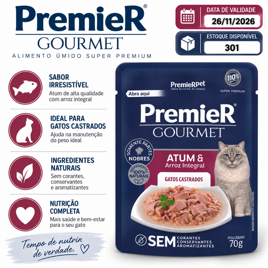 Ração Úmida Sachê PremieR Gourmet Gatos Castrados Adultos Atum e Arroz Integral 70gr