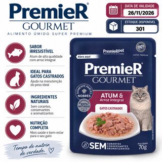 Ração Úmida Sachê PremieR Gourmet Gatos Castrados Adultos Atum e Arroz Integral 70gr