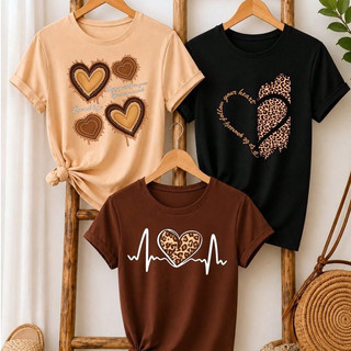 Kit 3 Blusas Femininas 100% Algodão Camiseta Estampada Coração Oncinha Animal Print Casual Manga Curta