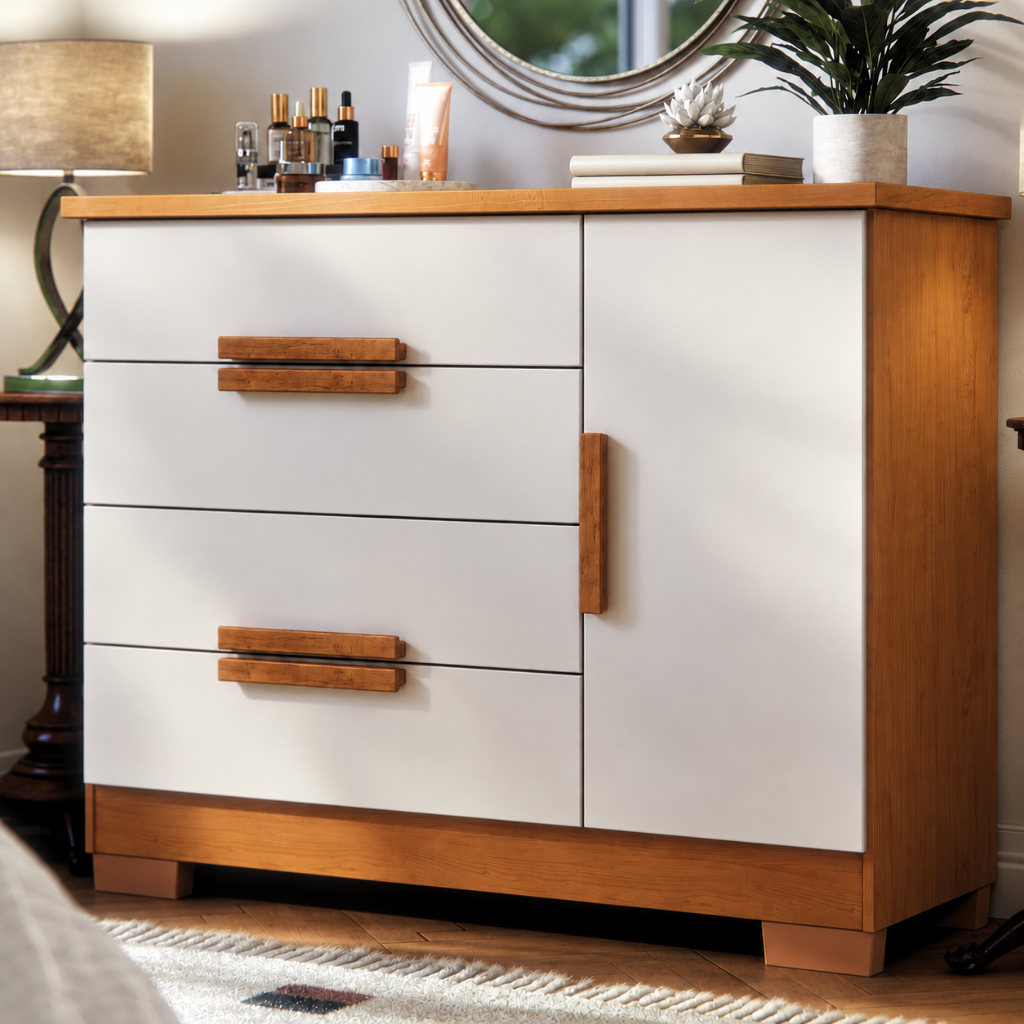 Cômoda Sapateira 4 Gavetas 1 Porta Para Quarto De Casal Grande Organizador De Roupas Em MDF Moderno Brescia