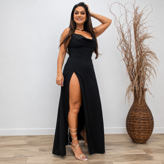 Vestido Feminino Elegante Duna Longo Fenda Lateral Gola Drapeada de Alça