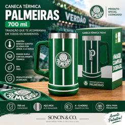 Caneca Térmica Palmeiras 700ml Aço Inox Oficial Licenciada