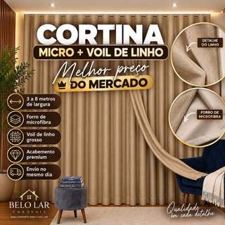 Cortina Voil Gaze Linho Forro 3m, 4m, 5m, 6m, 7m, 8m Tecido Grosso Original Padrão Trilho Suiço Simples Max