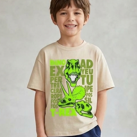 Camiseta Infantil Masculina Dinossauro T-Rex Rad Expert Estampa Verde Menino Algodão