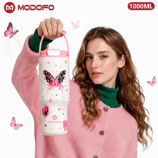 MODOFO Copo Termico Feminina 1000ml Estampada Borboleta Inox 304 Garrafa Térmica com Canudo Alça Antivazamento