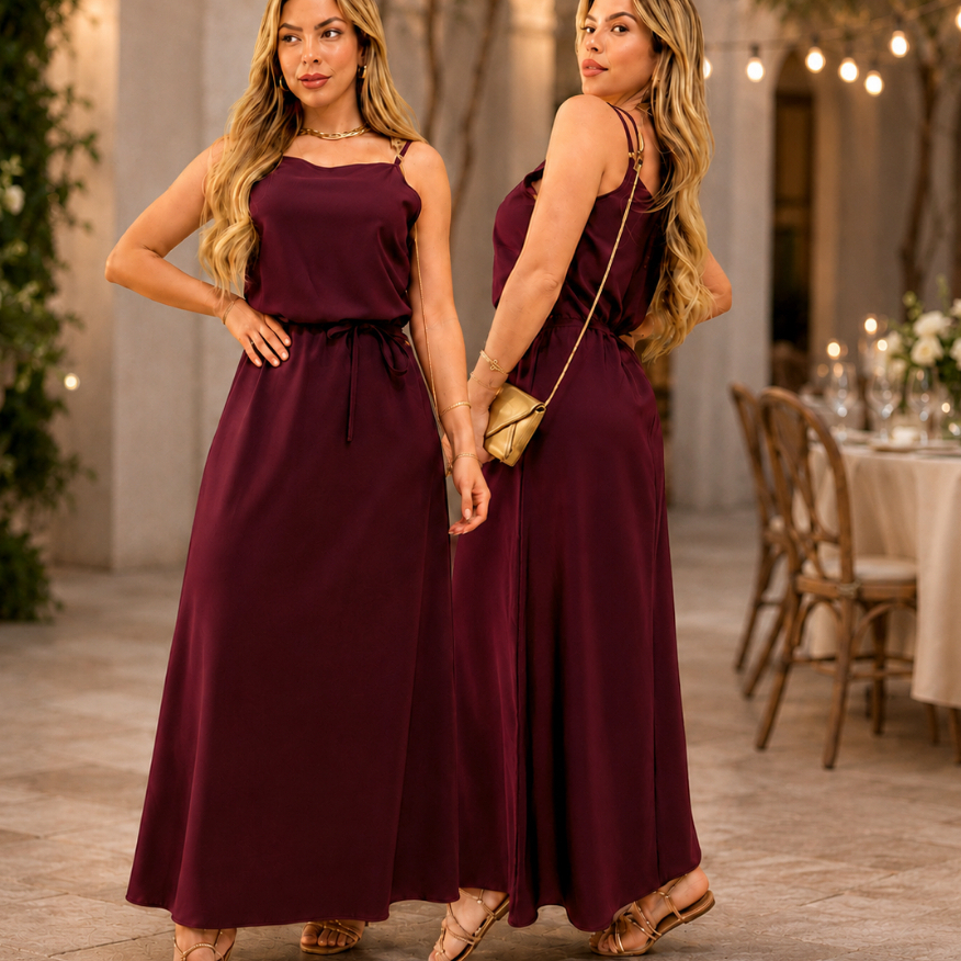 Vestido Feminino Longo Alças Finas Crepinho Elegante Casual con amaração Festa Verão