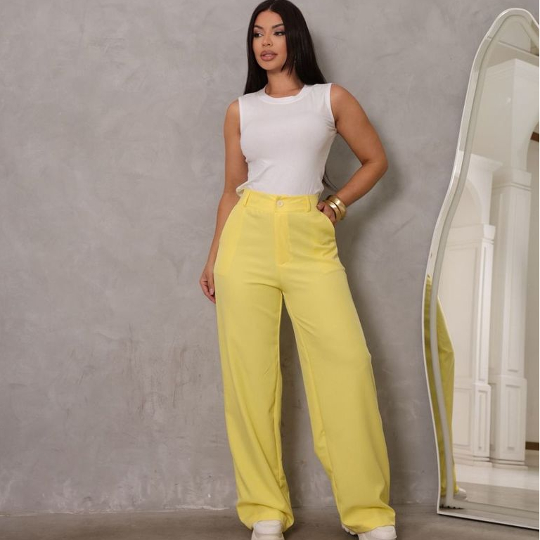 Calça Pantalona Alfaiataria Cintura Alta Moda Feminina Executiva Social Wide Leg Chic