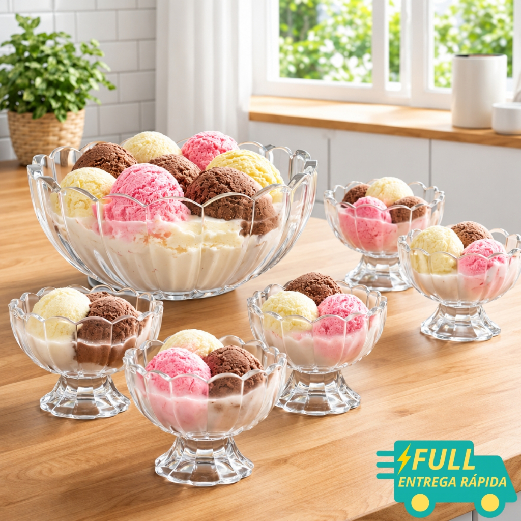Conjunto 7 Peças Bowl Com 6 Taças Para Sobremesa Geneva Vidro Transparente 1,1L/125ML