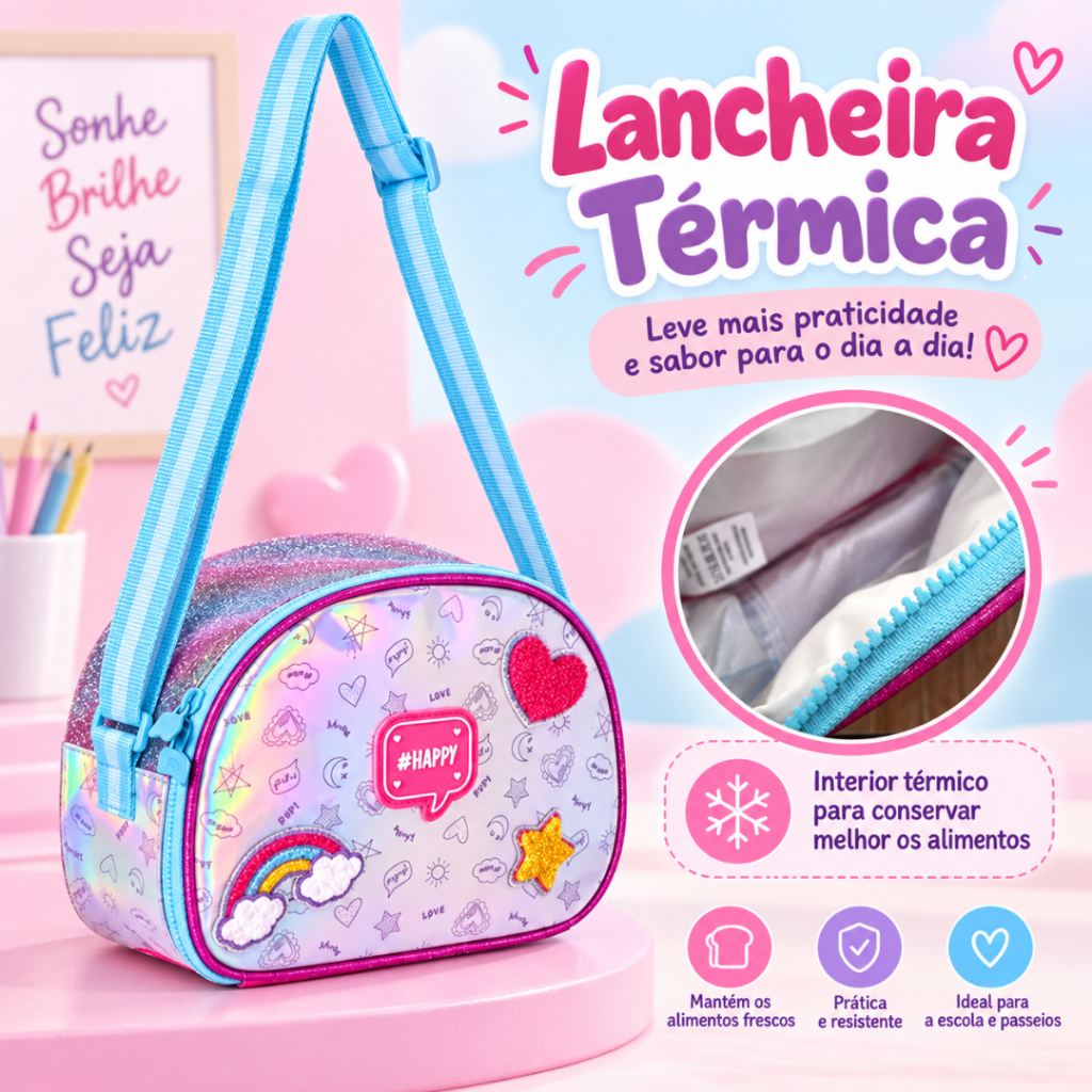 Kit Escolar Feminino Mochila de Rodinhas + Lancheira Térmica + Estojo Duplo Holográfico 3 Peças — imagem 2 de 2