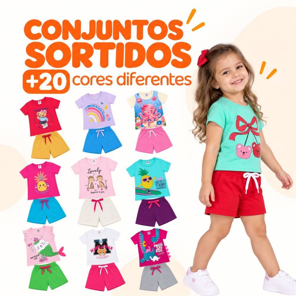 Kit 6 Peças Conjunto Infantil Menina 3 Camisetas + 3 shorts Verão Feminino Sortido Tam 2 ao 12