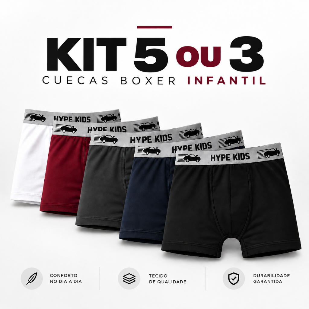 Kit 5 ou 3 Cueca Boxer Infantil Lisa em Microfibra – Confortável, Respirável e Durável