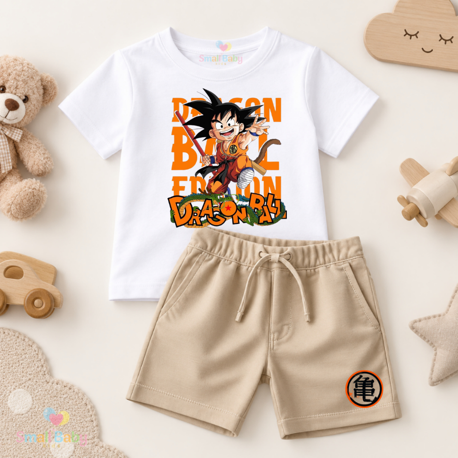 Conjunto Infantil Camiseta e Short Moletinho Dragon Ball Goku Anime Estampado Menino Verão Estiloso