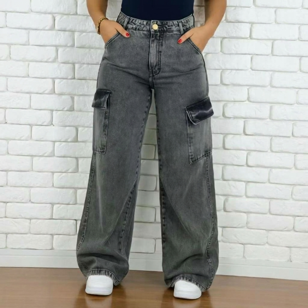 Calça Jeans Feminina Wide Leg Cargo PLUS SIZE Grafite, 34 AO 56