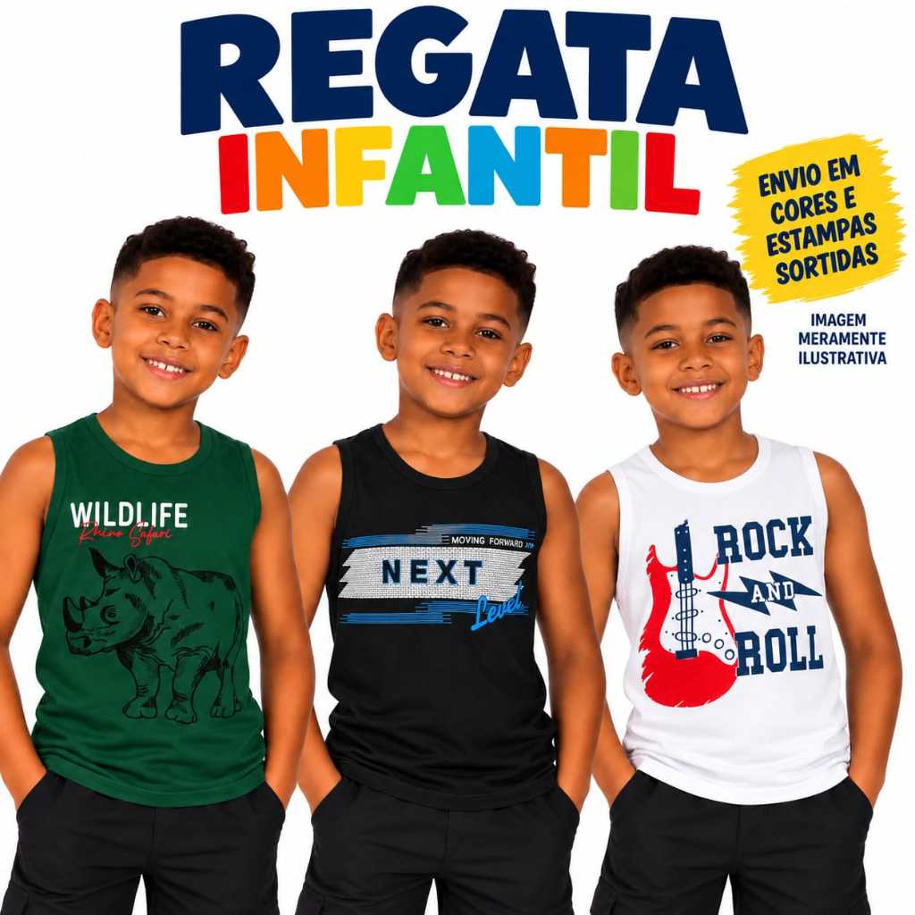 Regata Infantil Estampada 100% Algodão Tamanhos 10-16 Cores e Estampas Sortidas para Menino Conforto e Estilo Diário