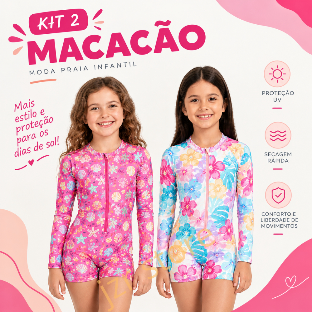 KIT 2 Macacão Maiô Infantil Natação Praia Piscina Feminino Menina Banho