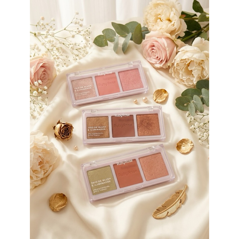 Trio Blush e Iluminador Ruby Rose - Alta Pigmentação e Textura Aveludada para Rosto Radiante