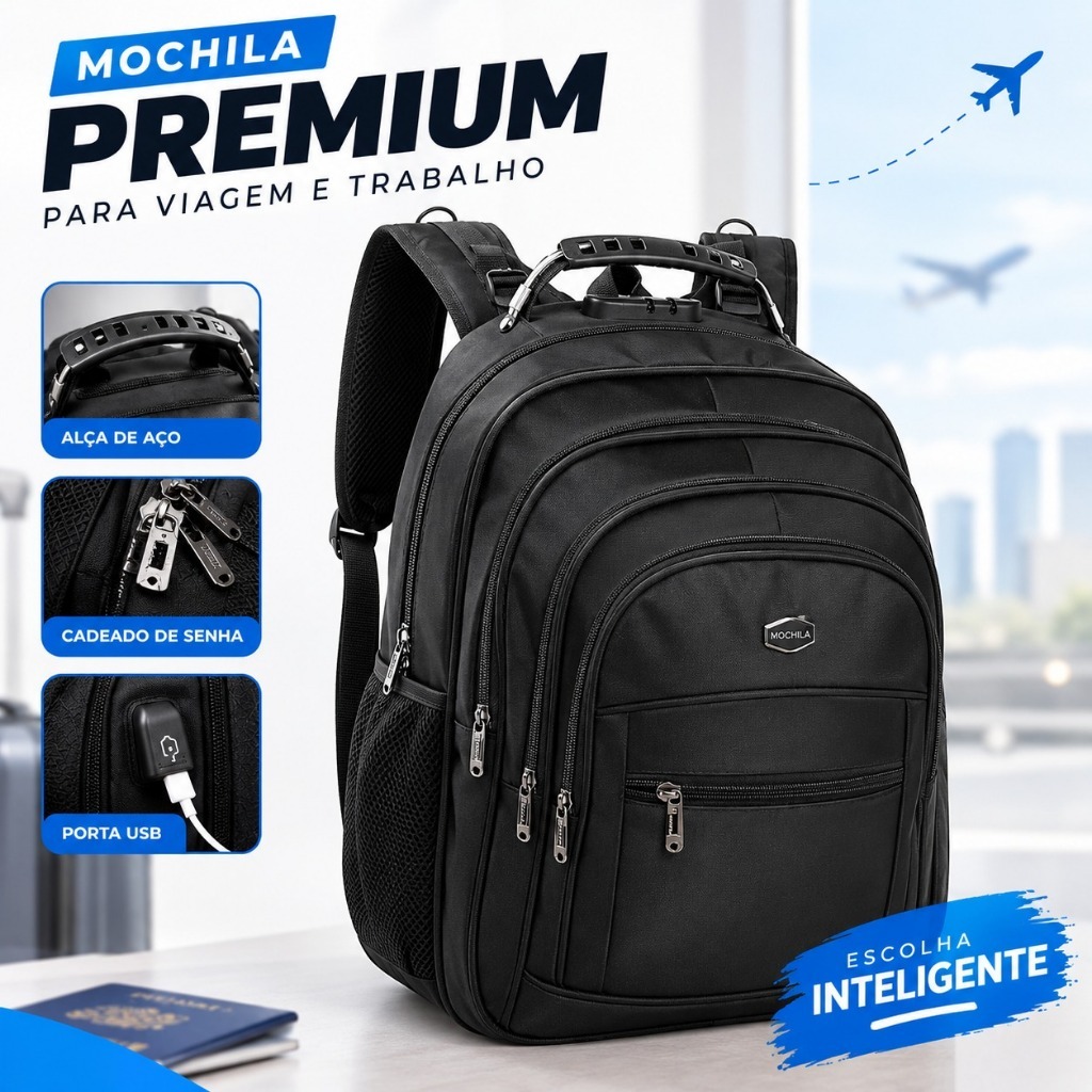 Mochila Grande Masculina Impermeável Resistente para Viagem e Trabalho com Porta USB e Cadeado para Notebook Material