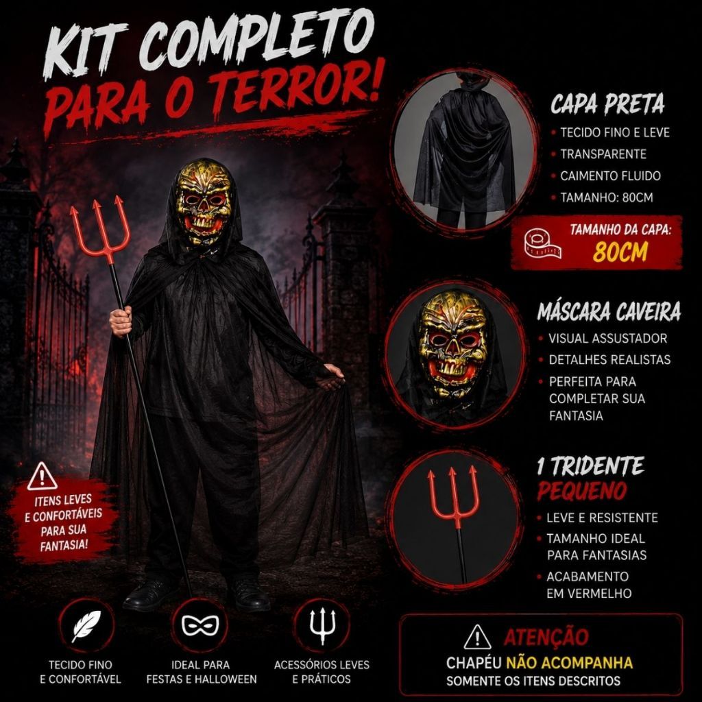 Kits De Fantasias Com Capa Preta Tridente 60cm Máscara Fantasia Halloween Terror Festa Dia das Bruxas Cosplay