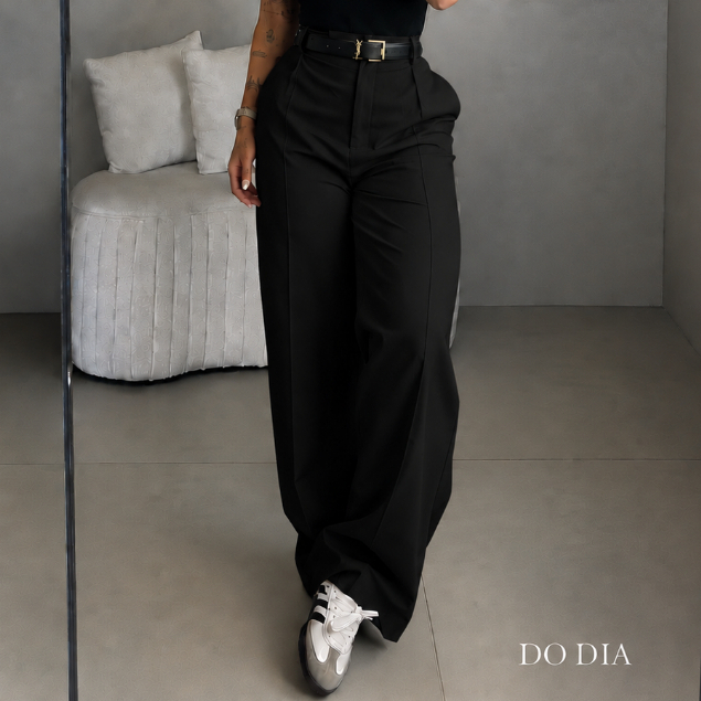 Calça Pantalona Feminina de Alfaiataria Premium Wide Leg Com Bolsos Cinto Para Trabalho
