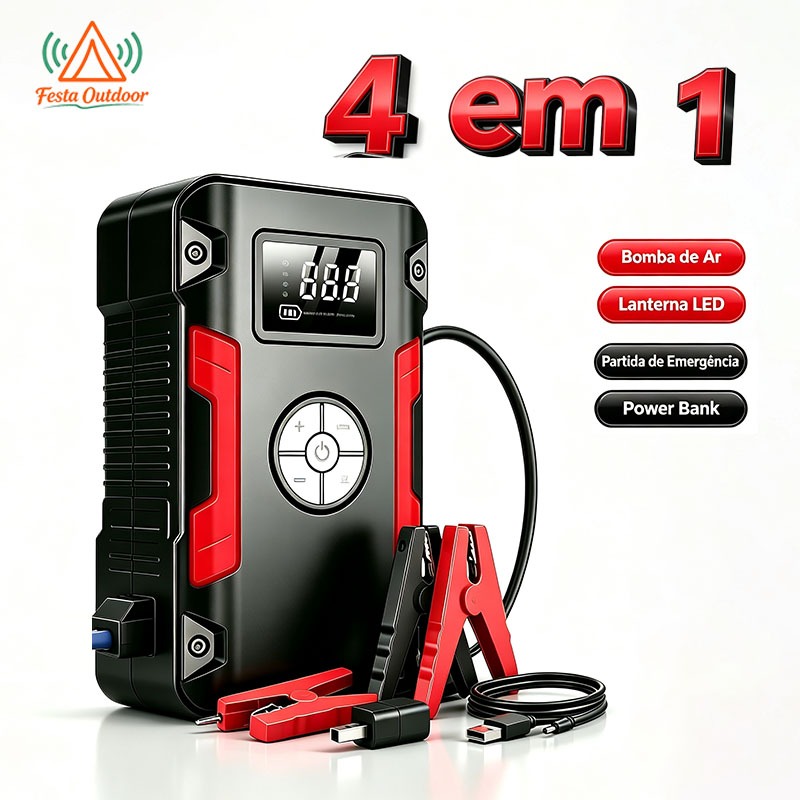 Festa Kit Auxiliar Partida 4 em 1 30000mAh 150PSI Compressor Ar Power Bank Lanterna Carregador 12V Portatil Veicular