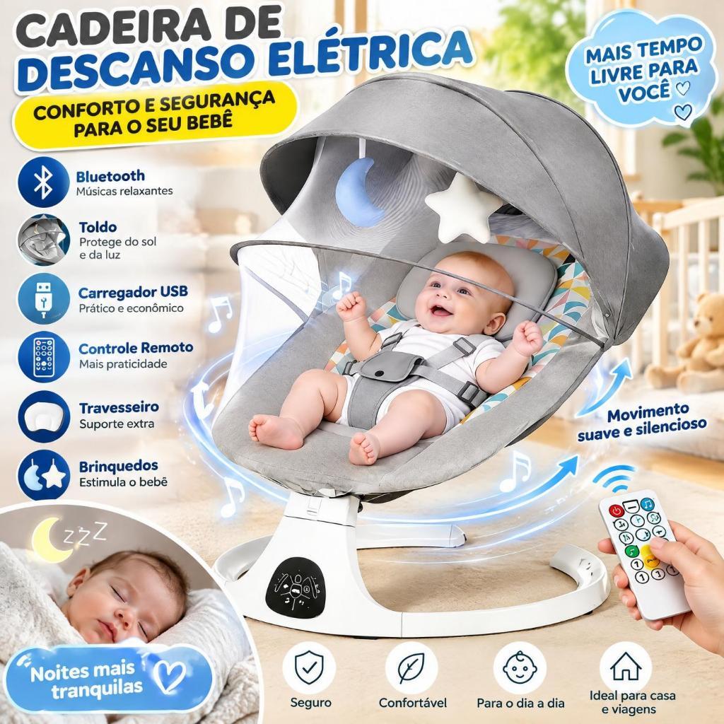 Cadeira de Descanso Balanço para Bebê com Música Mosquiteiro Controle Remoto Premium